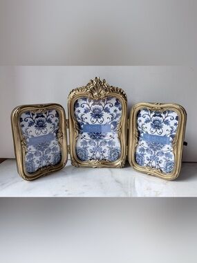 Rachel Zoe Ornate Gold 3-Panel Hinged Picture Frame Set Baroque Rococo